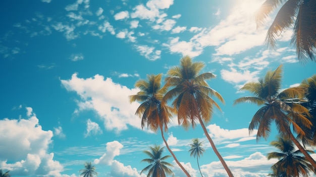 Um grupo de palmeiras com um céu azul ao fundo