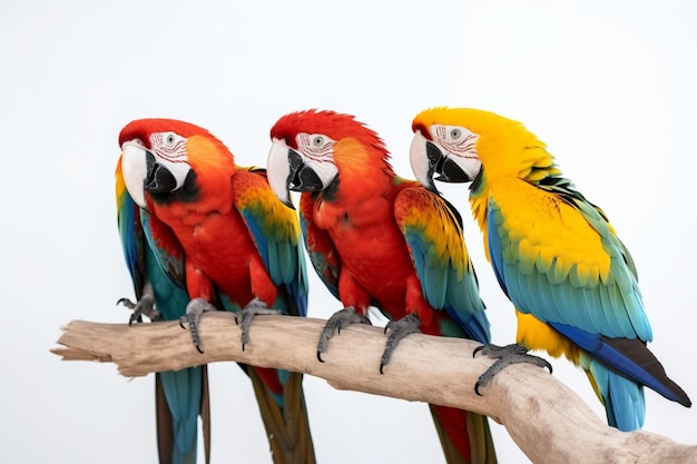 Um grupo de papagaios está sentado em um galho.