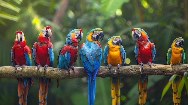 um grupo de pássaros coloridos em um ramo com um azul e amarelo no topo