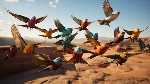 Foto um grupo de pássaros coloridos estão voando em formação uhd papel de parede