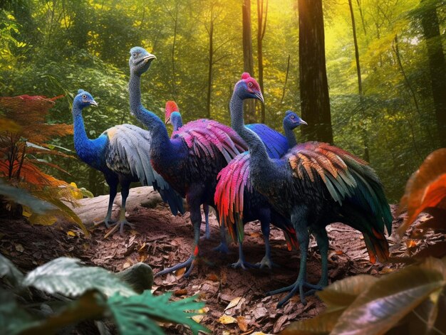 Um grupo de pássaros com penas de cores brilhantes está de pé no chão da floresta.