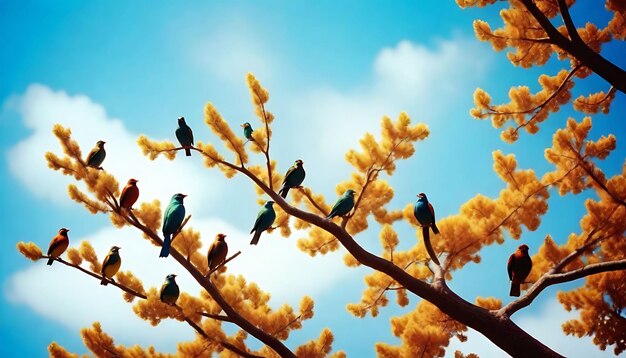 um grupo de pássaros sentado em uma árvore com o céu ao fundo