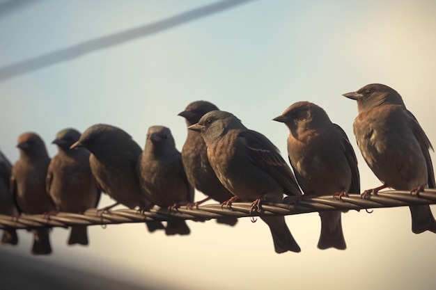 Um grupo de pássaros sentados em um fio com um deles olhando para a câmera.