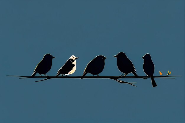 Um grupo de pássaros sentados em um fio com um que diz "o outro".