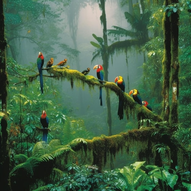 Um grupo de pássaros sentados em um galho em uma floresta generativa ai