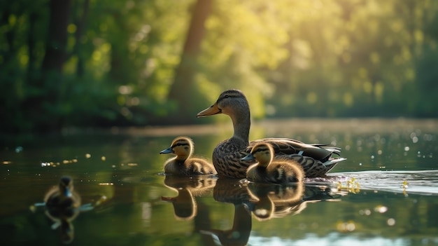 Um grupo de patos flutuando no topo de um lago em um dia de verão