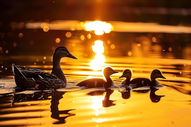 Um grupo de patos flutuando no topo de um lago
