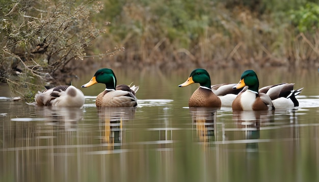 um grupo de patos nadando em uma lagoa com árvores no fundo