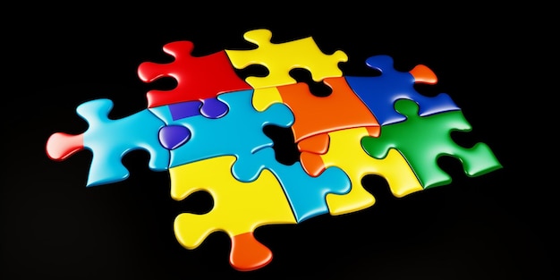 Um grupo de peças de quebra-cabeça coloridas com uma faltando.