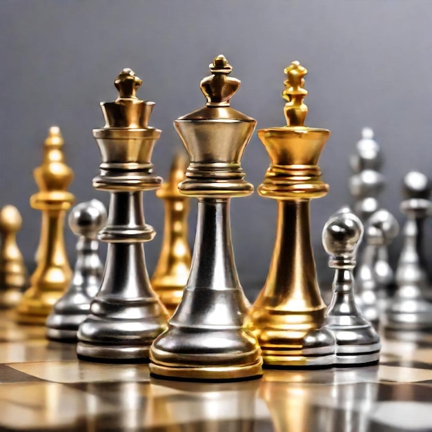 um grupo de peças de xadrez com ouro e preto sobre elas