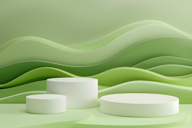 um grupo de pedestais de pódio cilíndricos brancos 3D com um fundo ondulado de camadas verdes claras apresentação layout demonstração de cosméticos conceito de design marketing e publicidade