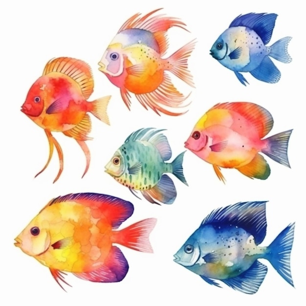Foto um grupo de peixes coloridos em um fundo branco generativo ai