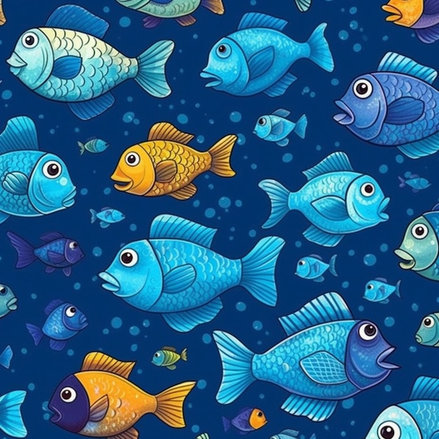 um grupo de peixes coloridos nadando no oceano em um fundo azul generativo ai