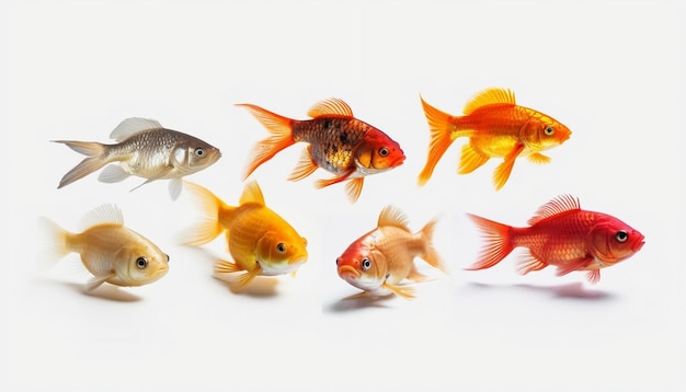 Um grupo de peixes em uma linha, um dos quais é um peixinho dourado.