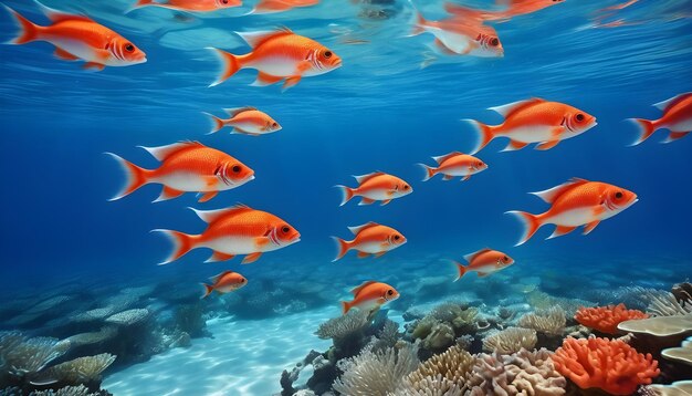 um grupo de peixes nadando em um recife de coral