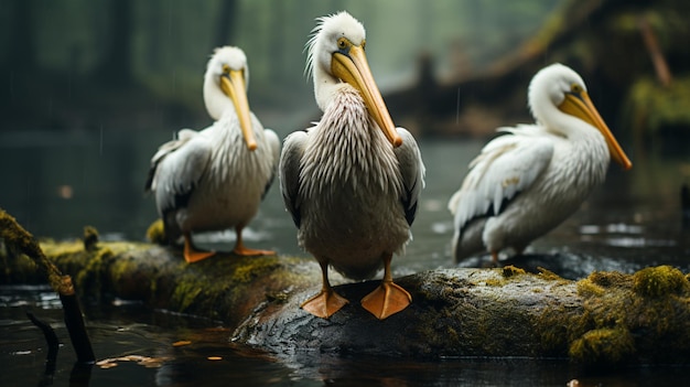 Um grupo de pelicano fica em uma rocha na chuva pelicano