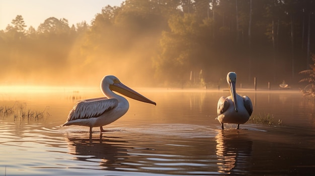 Um grupo de pelicanos de pé na margem do lago ao nascer do sol