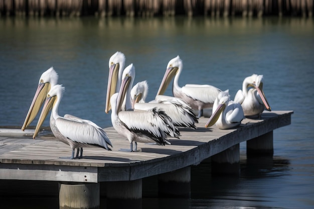 Um grupo de pelicanos sentados em uma doca esperando por sucata de pescador
