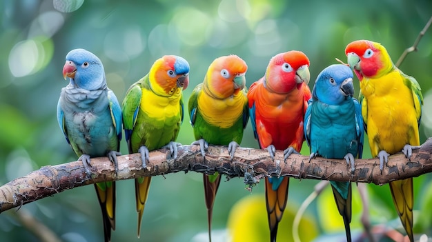 Um grupo de periquitos coloridos chirrando e socializando em uma percha ideal para uma revista de amantes de aves