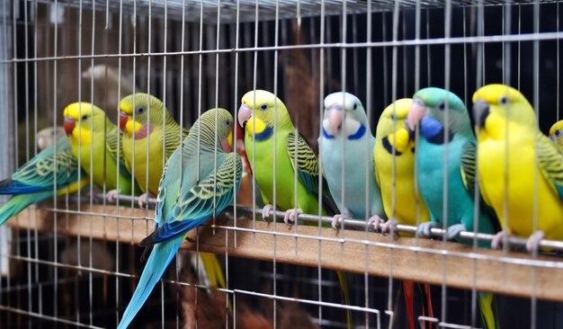 Foto um grupo de periquitos coloridos chirriando alegremente em sua gaiola