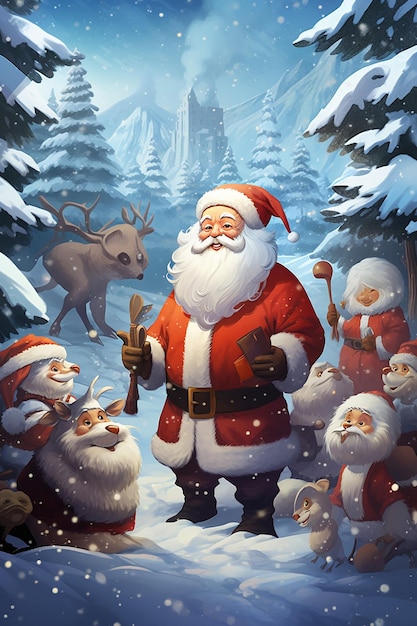 um grupo de personagens de desenhos animados com um Papai Noel