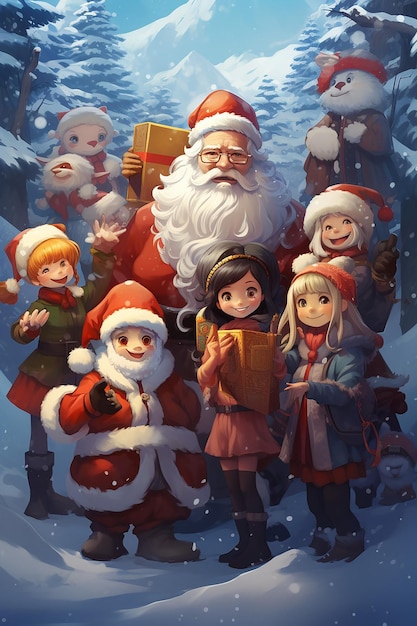 um grupo de personagens de desenhos animados com um Papai Noel