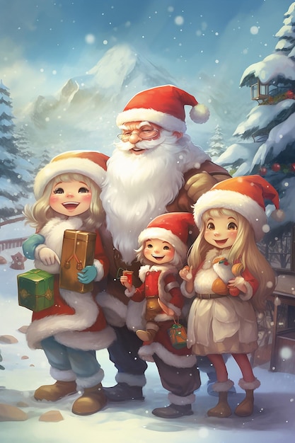 um grupo de personagens de desenhos animados com um Papai Noel