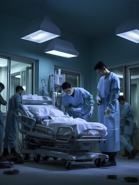 Um grupo de pessoal médico em quartos escuros inspecionando uma cama de paciente