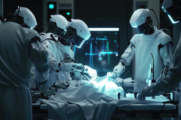 Foto um grupo de pessoal médico realizando diligentemente uma cirurgia em uma sala de cirurgia de um hospital nanorobots realizando uma operação cirúrgica ai gerado