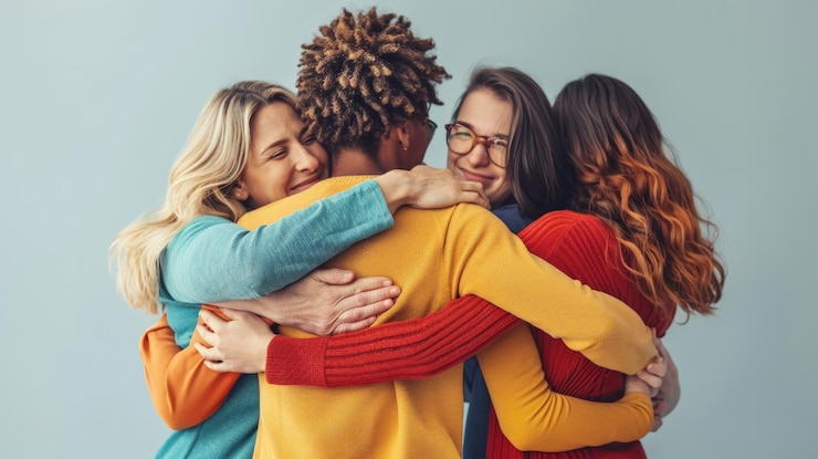 Foto um grupo de pessoas a abraçar-se.