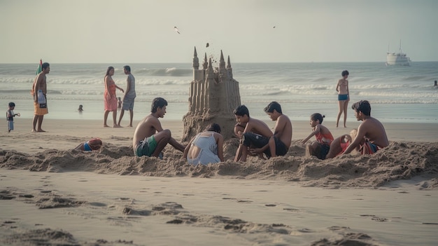 Um grupo de pessoas a brincar na areia com um castelo de areia.