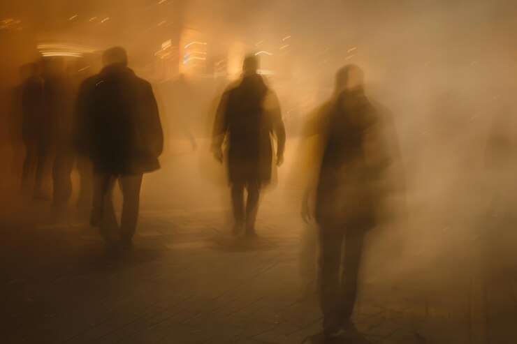 Foto um grupo de pessoas a caminhar através de uma densa névoa à noite, figuras distantes a mover-se lentamente, as suas formas borradas pela luz escura.