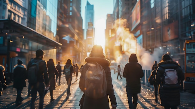 um grupo de pessoas a caminhar por uma rua com o sol a brilhar