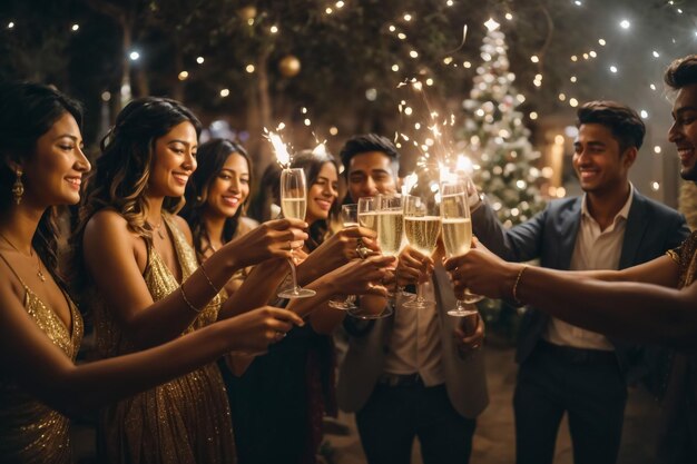 Foto um grupo de pessoas a celebrar com champanhe e faíscas.