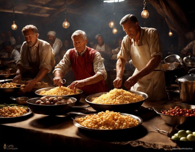 Foto um grupo de pessoas a cozinhar.