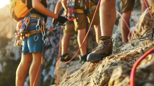 Um grupo de pessoas a escalar uma montanha Um grupo de caminhantes numa montanha