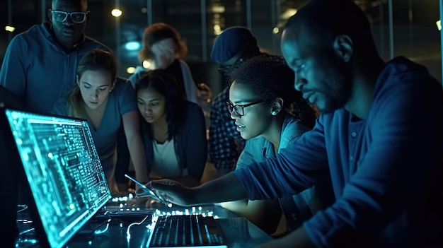 Foto um grupo de pessoas a olhar para um ecrã de computador com uma luz azul que diz 