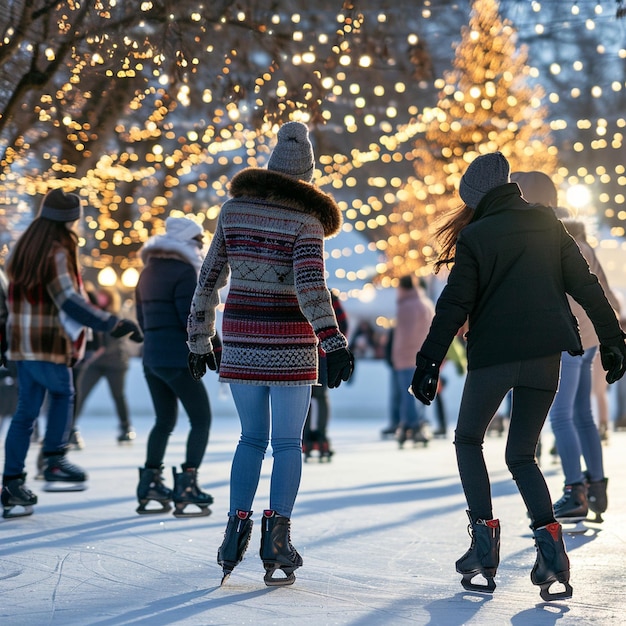 Foto um grupo de pessoas a patinar no gelo numa pista de patinação lotada