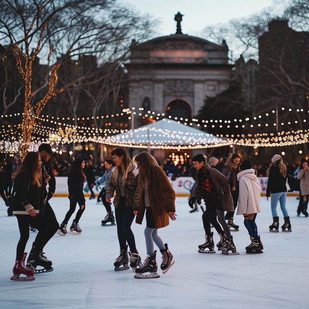 Foto um grupo de pessoas a patinar no gelo numa pista de patinação lotada