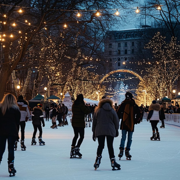 Um grupo de pessoas a patinar no gelo numa pista de patinação lotada