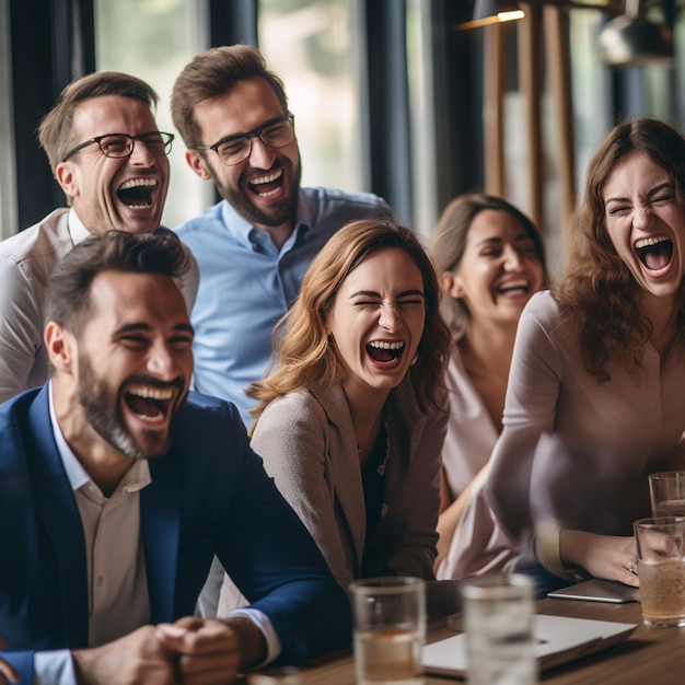 Foto um grupo de pessoas a rir e a rir num bar com a boca aberta.