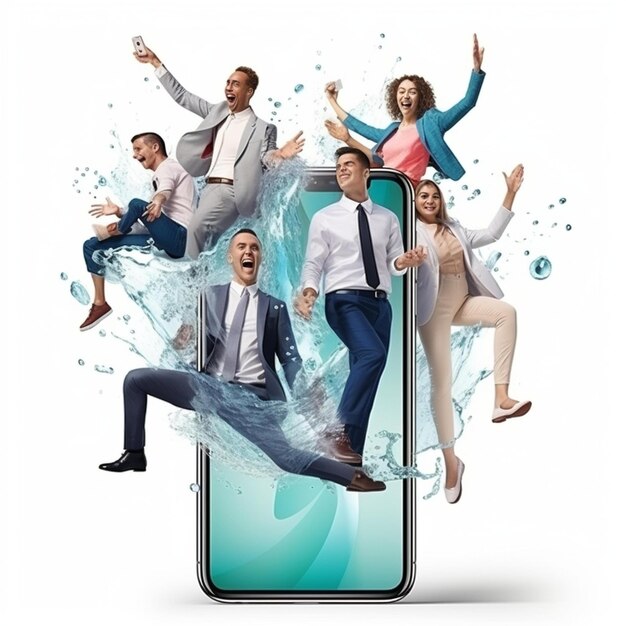 Foto um grupo de pessoas a saltar de um telemóvel com água a salpicar à sua volta.