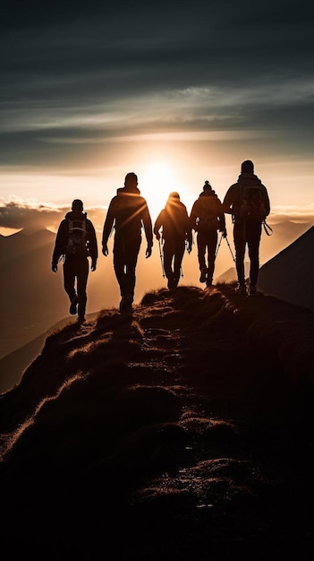 um grupo de pessoas a subir uma montanha com o sol atrás deles