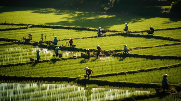 Um grupo de pessoas a trabalhar num campo. Trabalhadores asiáticos.