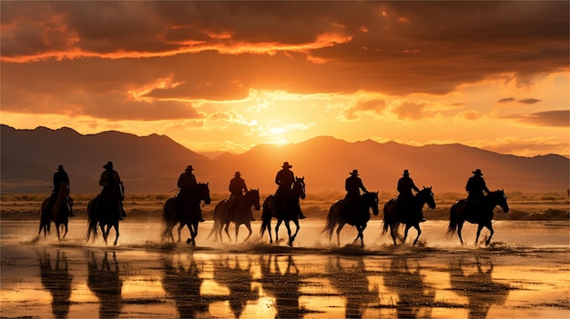 Um grupo de pessoas andando a cavalo ao pôr do sol