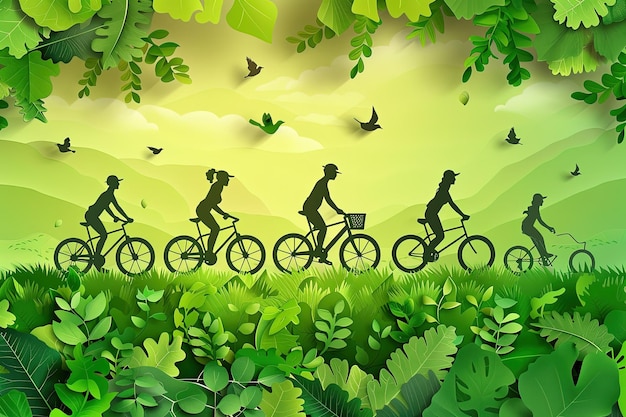 Um grupo de pessoas andando de bicicleta através de uma floresta verde exuberante