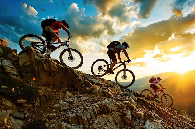 Um grupo de pessoas andando de bicicleta no topo de uma montanha