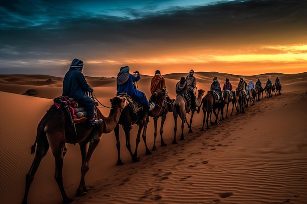 Um grupo de pessoas andando de camelo no deserto