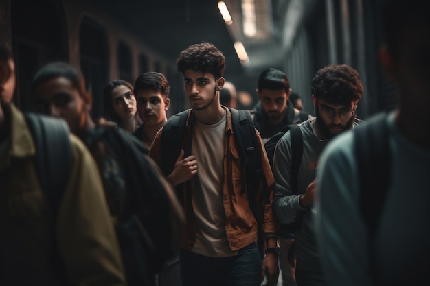 Um grupo de pessoas andando em uma estação de trem, uma delas está vestindo uma camisa marrom.