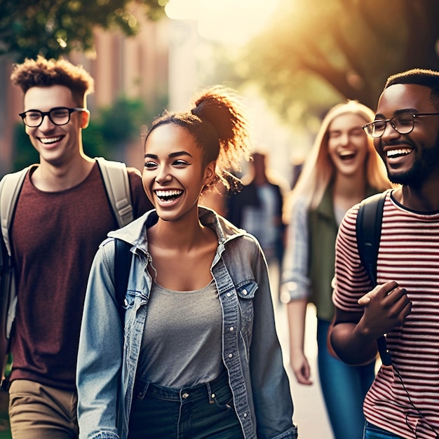 Um grupo de pessoas andando por uma rua, uma delas está vestindo uma jaqueta jeans e a outra está vestindo uma jaqueta jeans.